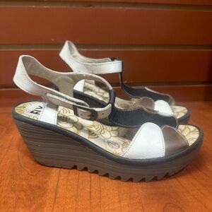 Fly London Women's Wedge Sandals - Black, White, and Brown